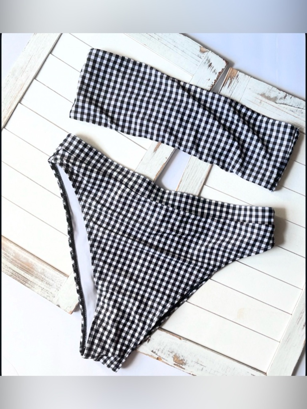 Missguided Black and White Gingham Bandeau Bikini